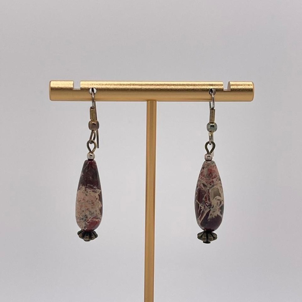 VTG 90s Gothic Gemstone Dangle Earrings Red Jasper Teardrop Retro Romantic Stone